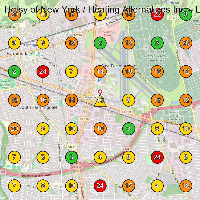 Hotsy of New York / Heating Alternatives Inc Industrial Equipment Supplier GeoGrid ranking map for Farmingdale NY